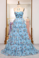 Load image into Gallery viewer, Blue A Line Strapless Long Tiered Formal Dress With Feathers