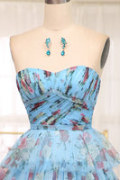 Load image into Gallery viewer, Blue A Line Strapless Long Tiered Formal Dress With Feathers