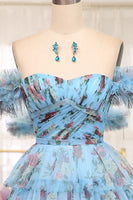 Load image into Gallery viewer, Blue A Line Strapless Long Tiered Formal Dress With Feathers