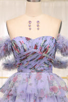 Load image into Gallery viewer, Lavender A Line Strapless Long Tiered Formal Dress With Feathers