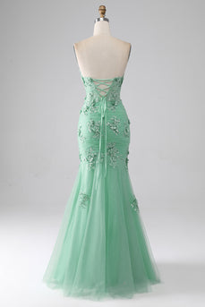 Green Mermaid Strapless Tulle Long Formal Dress with Appliques