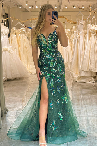 Sparkly Dark Green Mermaid Long Appliqued Formal Dress With Slit