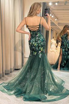Sparkly Dark Green Mermaid Long Appliqued Formal Dress With Slit