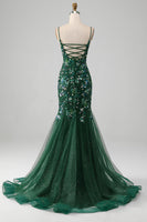 Load image into Gallery viewer, Mermaid Lace-Up Back Dark Green Formal Dress with Appliques