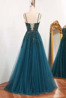 Dark Green A Line Tulle Long Appliqued Formal Dress With Slit