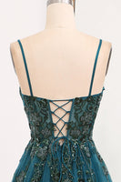 Load image into Gallery viewer, Dark Green A Line Tulle Long Appliqued Formal Dress With Slit