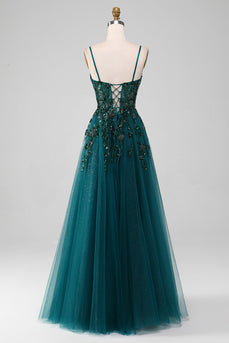 Dark Green Spaghetti Straps A Line Prom Dress with Slit