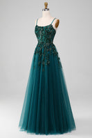 Load image into Gallery viewer, Dark Green Spaghetti Straps A Line Prom Dress with Slit