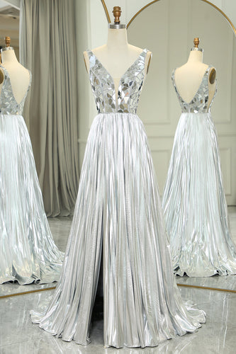 Glitter Silver Backless Long Mirror Formal Dress