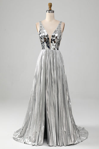 Sparkly A-Line V-Neck Silver Formal Dress with Slit