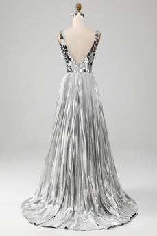 Sparkly A-Line V-Neck Silver Formal Dress with Slit