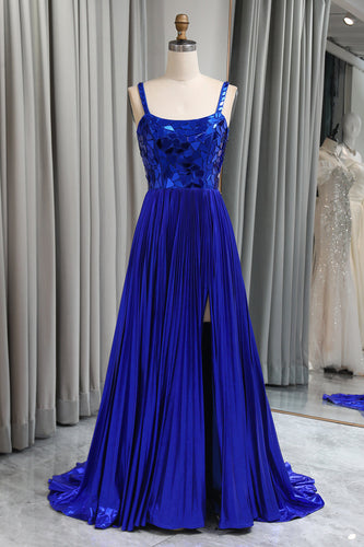 Glitter Royal Blue A Line Long Mirror Formal Dress With Slit