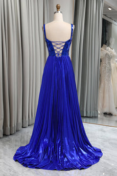 Glitter Royal Blue A Line Long Mirror Formal Dress With Slit