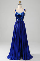 Load image into Gallery viewer, Sparkly Lace-Up Back Royal Blue Formal Dress with Slit
