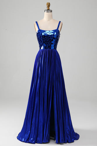 Sparkly Lace-Up Back Royal Blue Formal Dress with Slit