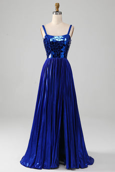 Sparkly Lace-Up Back Royal Blue Formal Dress with Slit