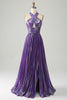 Load image into Gallery viewer, Sparkly Purple Halter A Line Formal Dress with Pleated