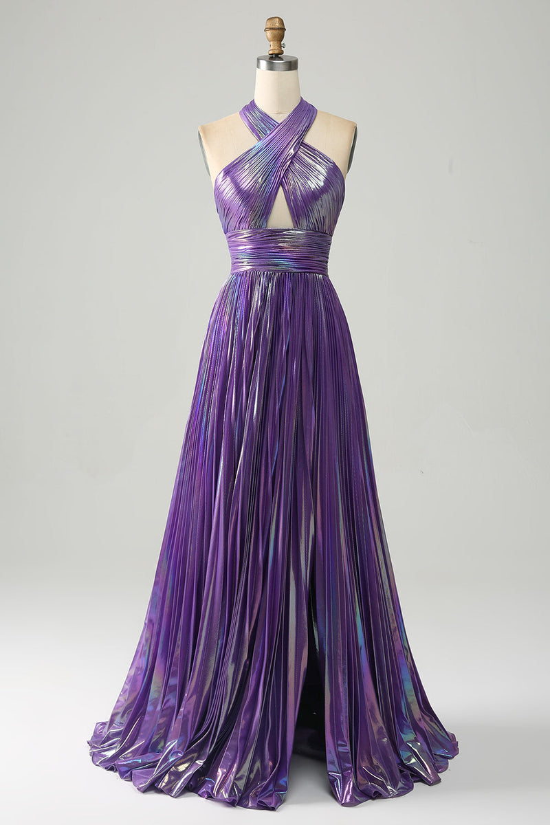 Load image into Gallery viewer, Sparkly Purple Halter A Line Formal Dress with Pleated