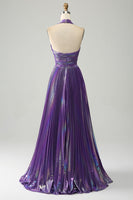 Load image into Gallery viewer, Sparkly Purple Halter A Line Formal Dress with Pleated