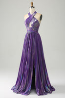 Load image into Gallery viewer, Sparkly Purple Halter A Line Formal Dress with Pleated