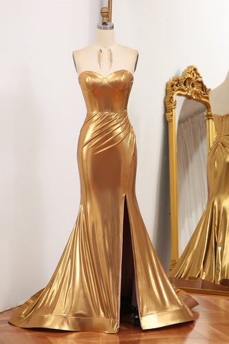 Sparkly Golden Mermaid Strapless Long Formal Dress With Slit