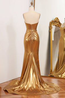 Sparkly Golden Mermaid Strapless Long Formal Dress With Slit