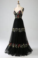 Load image into Gallery viewer, Black A-Line Spaghetti Straps Embroidered Long Corset Formal Dress