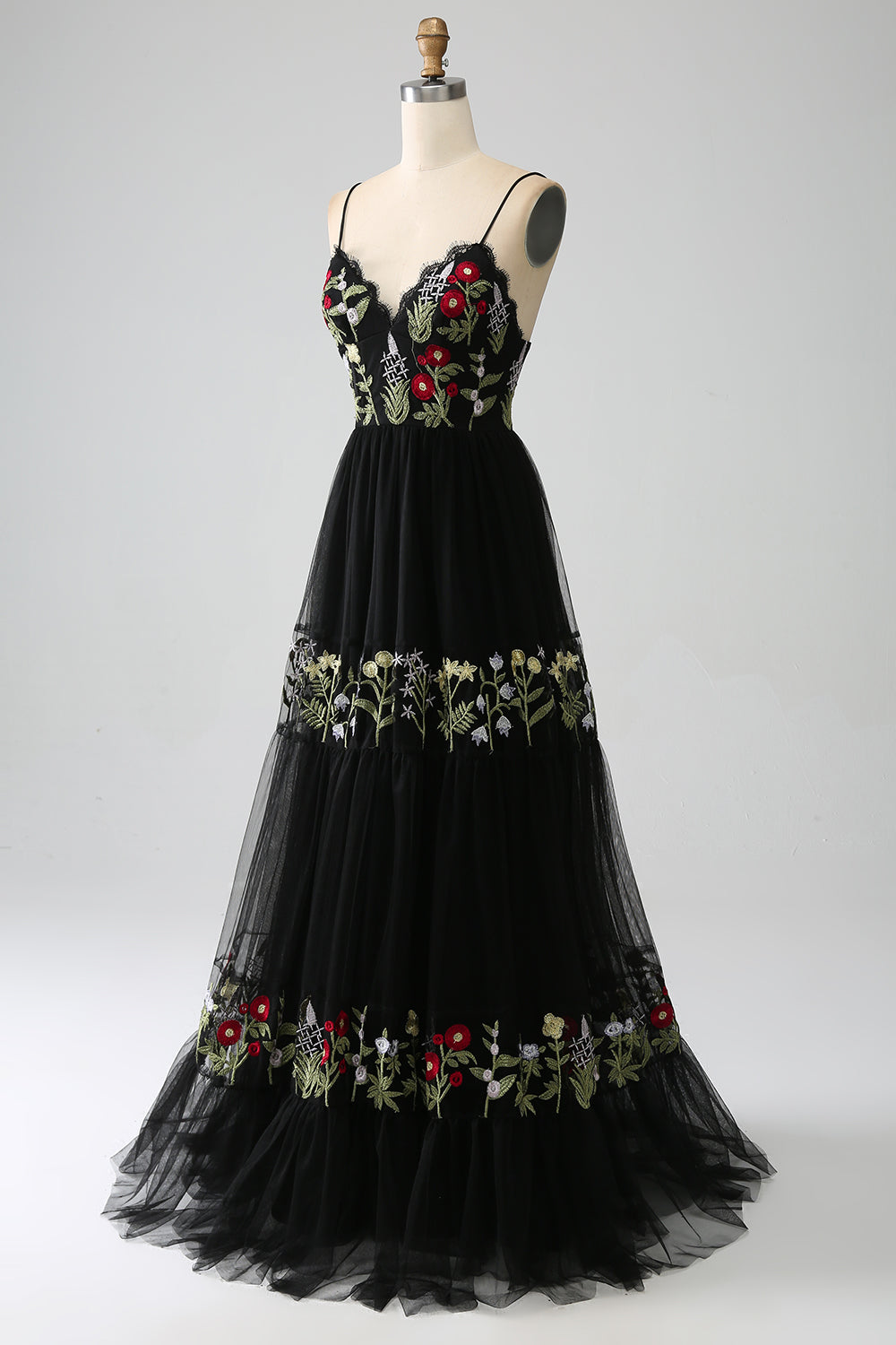 Queendancer Women Black Tulle Long Corset Formal Dress A-Line Spaghetti ...