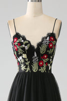 Load image into Gallery viewer, Black A-Line Spaghetti Straps Embroidered Long Corset Formal Dress