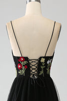 Load image into Gallery viewer, Black A-Line Spaghetti Straps Embroidered Long Corset Formal Dress