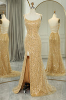 Load image into Gallery viewer, Sparkly Golden Mermaid Backless Long Prom Dress With Slit