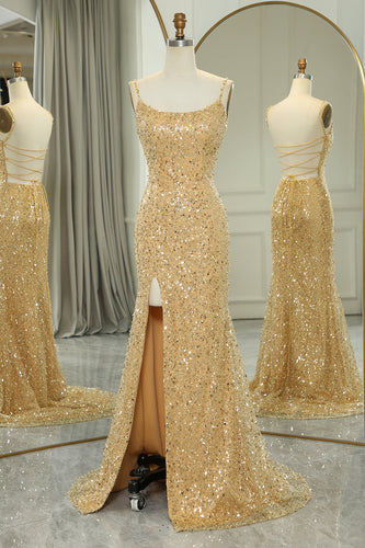 Sparkly Golden Mermaid Backless Long Prom Dress With Slit