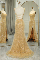Load image into Gallery viewer, Sparkly Golden Mermaid Backless Long Prom Dress With Slit
