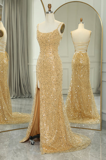 Sparkly Golden Mermaid Backless Long Prom Dress With Slit