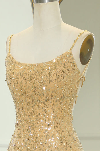 Sparkly Golden Mermaid Backless Long Prom Dress With Slit