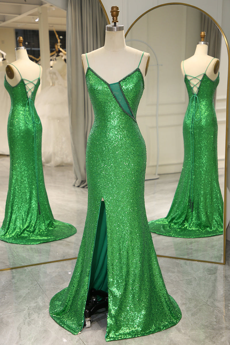 Load image into Gallery viewer, Glitter Dark Green Mermaid Backless Long Formal Dress With Slit