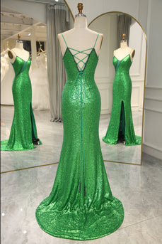 Glitter Dark Green Mermaid Backless Long Formal Dress With Slit