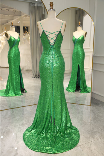 Glitter Dark Green Mermaid Backless Long Formal Dress With Slit