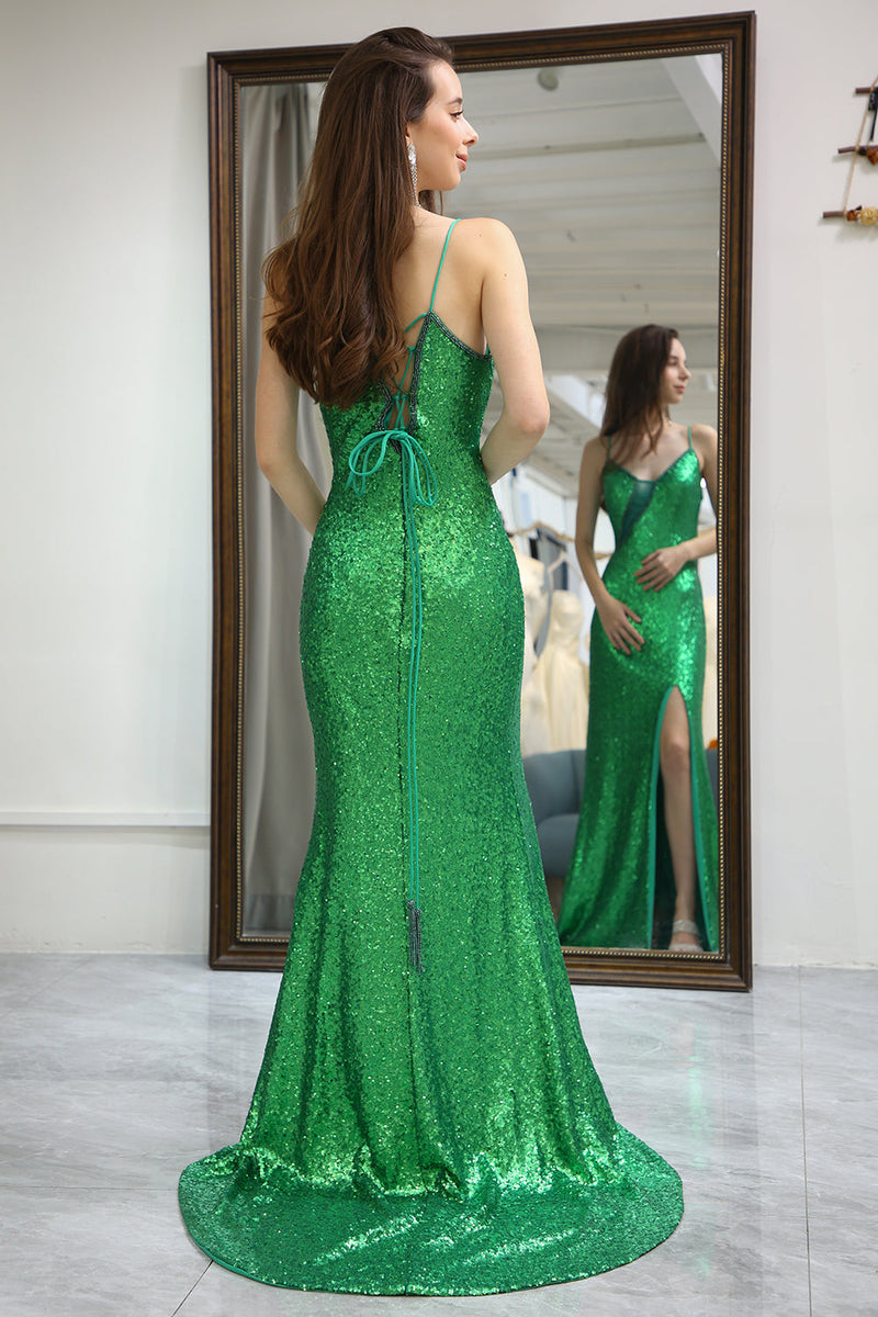 Load image into Gallery viewer, Sparkly Dark Green Mermaid Long Formal Dress With Slit