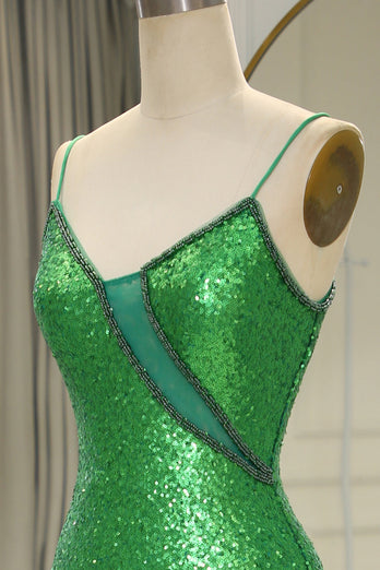 Glitter Dark Green Mermaid Backless Long Formal Dress With Slit