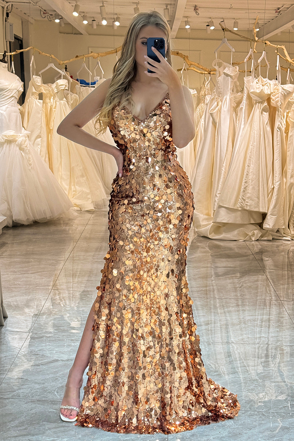 Sparkly Rose Golden Beaded Sequins Mermaid Long Formal Dress With Slit