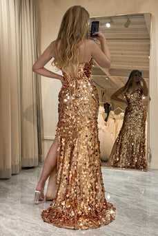 Sparkly Rose Golden Beaded Sequins Mermaid Long Formal Dress With Slit