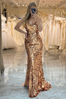 Load image into Gallery viewer, Sparkly Rose Golden Beaded Sequins Mermaid Long Formal Dress With Slit