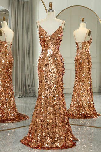 Glitter Golden Beaded Sequins Mermaid Long Formal Dress With Slit