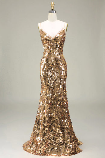 Sparkly Golden Mermaid Sequin Formal Dress With Slit