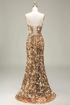 Sparkly Golden Mermaid Sequin Formal Dress With Slit