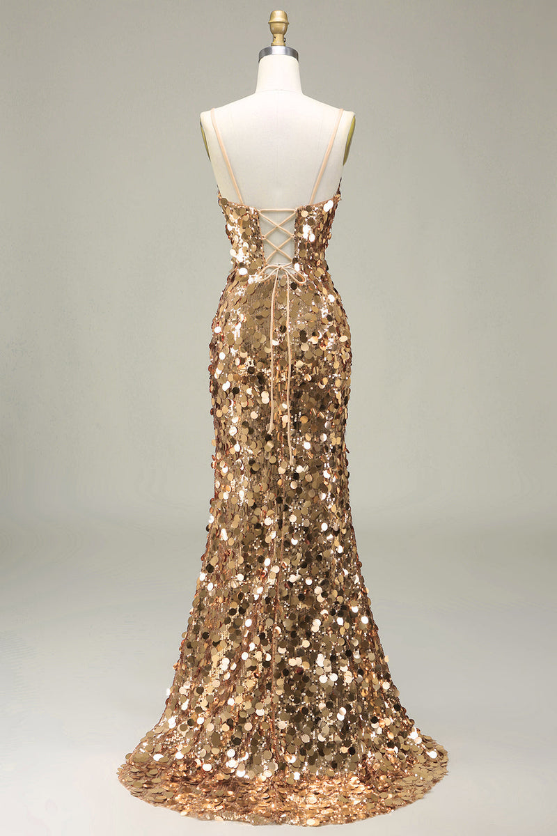 Load image into Gallery viewer, Sparkly Golden Mermaid Sequin Formal Dress With Slit