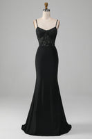 Load image into Gallery viewer, Black Mermaid Spaghetti Straps Corset Formal Dress With Appliques