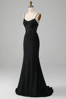 Load image into Gallery viewer, Black Mermaid Spaghetti Straps Corset Formal Dress With Appliques