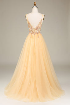 Charming A Line Spaghetti Straps Golden Long Prom Dress with Beading